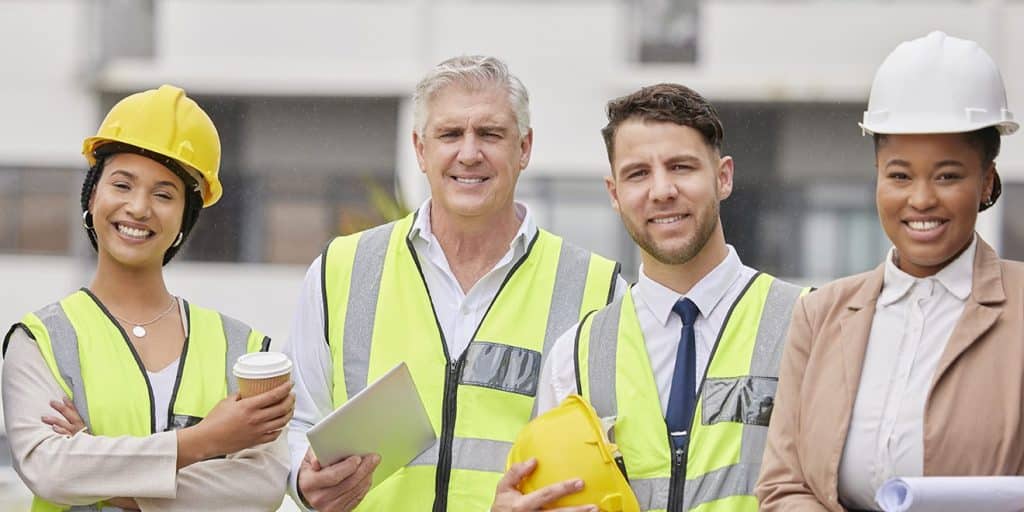 Construction site portrait of a collaborative team and architect, focused on planning, creativity, and team coaching for project success