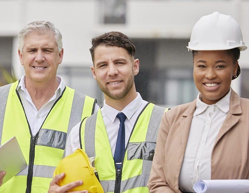 Construction site portrait of a collaborative team and architect, focused on planning, creativity, and team coaching for project success
